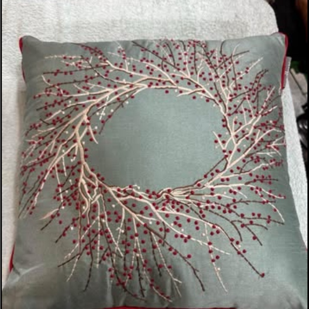 Embroidered Holiday Wreath Pillow - Red and Gray